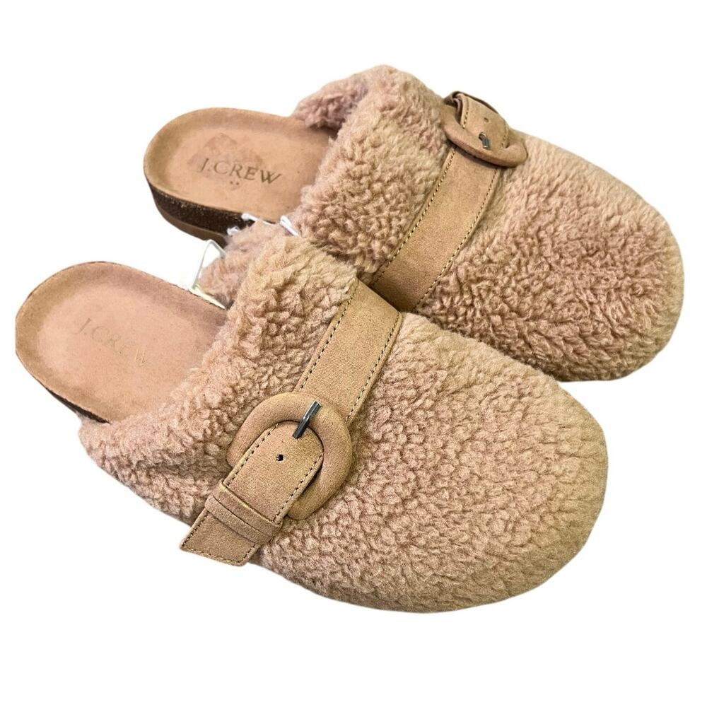 J.Crew Buckle Sherpa Clogs Mules Women’s 6 NEW WITH TAGS Tan/Beige Cozy‎ Winter